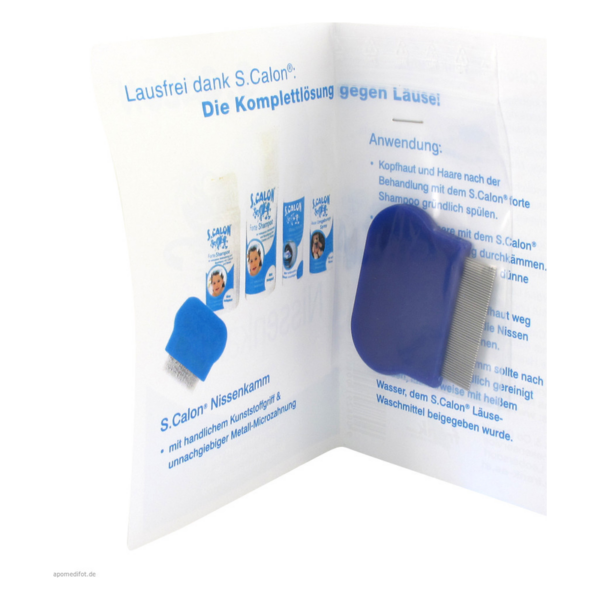 Nissenkamm mit Kunststoffgriff und Metallzinken in einer Verpackung mit Anweisungen zur Anwendung.