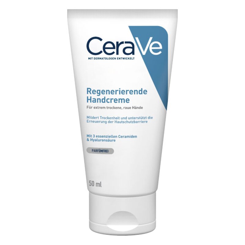 Tubengehäuse einer regenerierenden Handcreme mit blauer Schrift und Informationen zu Inhaltsstoffen und Anwendung.
