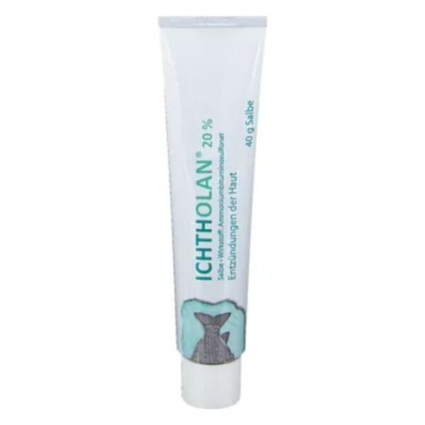 Sahne-Tube mit grünem Schriftzug "ICHTHOLAN 20 %" zur Behandlung von Hautentzündungen, 40 g Inhalt.