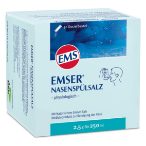 Weißer Karton mit der Aufschrift 'Emser Nasenspülsalz' und einer Abbildung eines Dosierbeutels. 50 Beutel enthalten.
