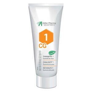 Tube mit Cremegel Nr. 1 zur Elastizität der Haut, vegan, mit orangefarbener Hexagon-Umrandung und Mineralstoffen.