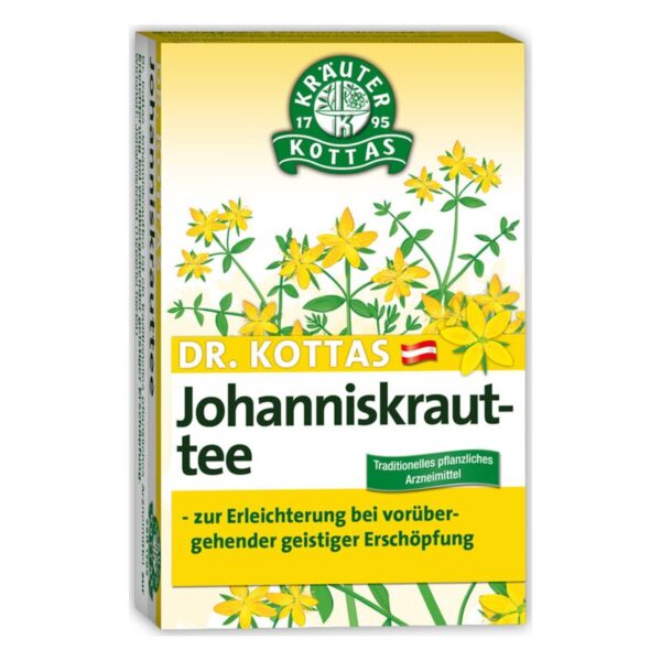 Verpackung von Dr. Kottas Johanniskrauttee mit gelben Blumen, Hinweis auf traditionelle Anwendung gegen Erschöpfung.