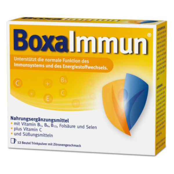 Packung von BoxaImmun, einem Nahrungsergänzungsmittel zur Unterstützung des Immunsystems und Energiehaushalts, in Zitronengeschmack.