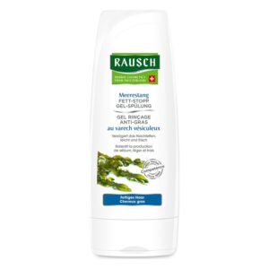 Tube mit Meerestang-Fett-Stopp Gel-Spülung von Rausch, beschrieben als fetthemmende Pflege für fettiges Haar.