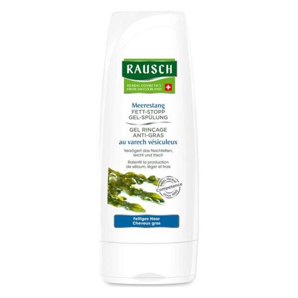 Tube mit Meerestang-Fett-Stopp Gel-Spülung von Rausch, beschrieben als fetthemmende Pflege für fettiges Haar.