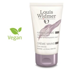Handcreme von Louis Widmer in einem Tube mit lila Verschluss, vegan, für trockene Haut, französische und deutsche Beschriftung.