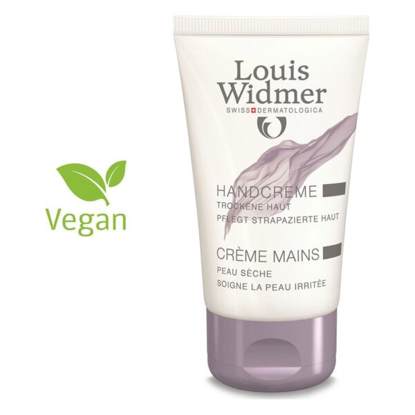 Handcreme von Louis Widmer in einem Tube mit lila Verschluss, vegan, für trockene Haut, französische und deutsche Beschriftung.