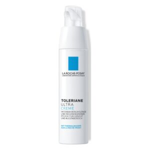 Weiße Flasche mit Pumpverschluss der La Roche-Posay Toleriane Ultra Creme, einer beruhigenden Gesichts- und Augenpflege.