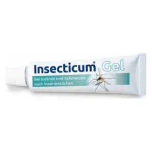 Tubengel Insecticum zur Linderung von Juckreiz und Schmerzen nach Insektenstichen, mit abgebildetem Insekt.