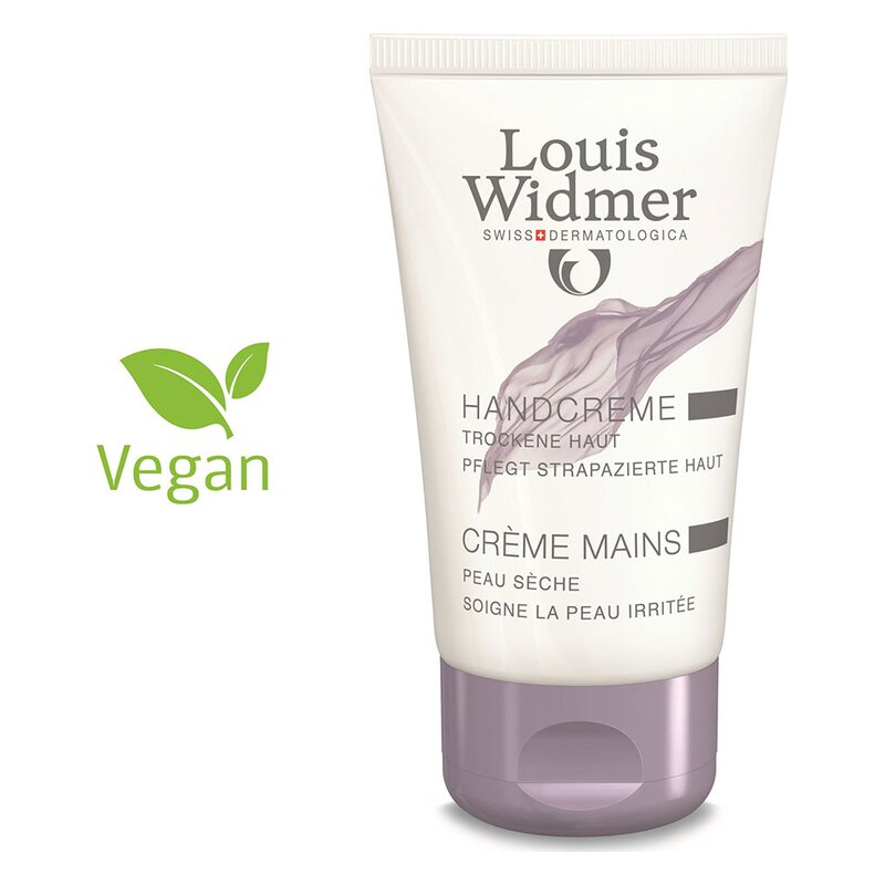 Handcreme von Louis Widmer in einem Tube mit lila Verschluss, vegan, für trockene Haut, französische und deutsche Beschriftung.