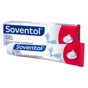Soventol Gel in einer Tube und Verpackung, Anwendung bei Insektenstichen mit weißen und roten Farben.