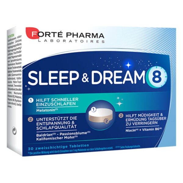 Verpackung des Nahrungsergänzungsmittels "SLEEP & DREAM 8" von Forté Pharma mit Informationen zu Inhaltsstoffen und Wirkungen.