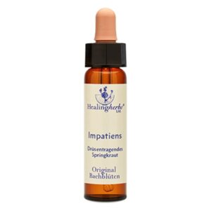 Braune Flasche mit Pipette, etikettiert mit "Impatiens", Inhaltsstoff "Drüsentragendes Springkraut", Bachblüten.