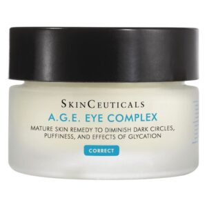 Kräm in einem runden Glasbehälter mit schwarzem Deckel, beschriftet mit A.G.E. Eye Complex von SkinCeuticals.