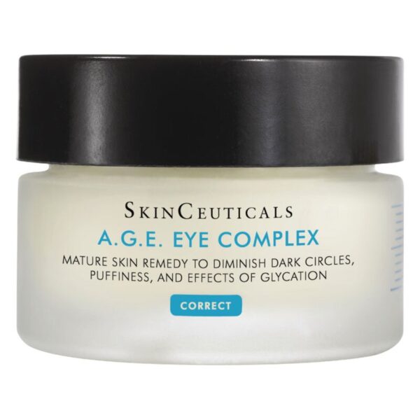 Kräm in einem runden Glasbehälter mit schwarzem Deckel, beschriftet mit A.G.E. Eye Complex von SkinCeuticals.