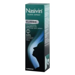 Nasivin Classic Nasenspray, 0,05% Wirkstoff, für Erwachsene und Kinder ab 6 Jahren, in grüner Verpackung.