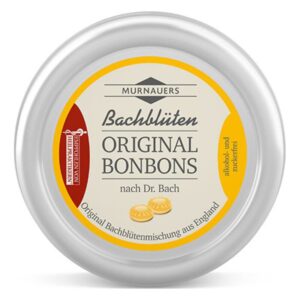 Runde Verpackung für Murnauer Bachblüten Original Bonbons, alkoholfrei und zuckerfrei, mit gelbem Etikett.