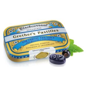 Blaubeerpastillen in einer gold-blauen Dose mit Anteilen von Glycerin und Fruchtsaft, für Hals und Stimme.