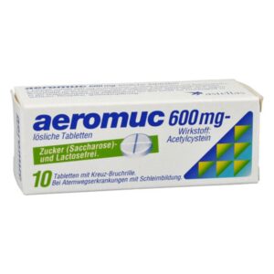 Verpackung von aeromuc 600 mg mit 10 löslichen Tabletten, enthält Acetylcystein, zucker- und lactosefrei.