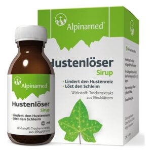 Braune Flasche mit Hustenlöser-Sirup und grüner Verpackung, die den Wirkstoff und Vorteile anzeigt.