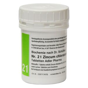 Weißer Plastiktubus mit grünem Etikett, enthält homöopathische Tabletten mit Zincium chloratum.