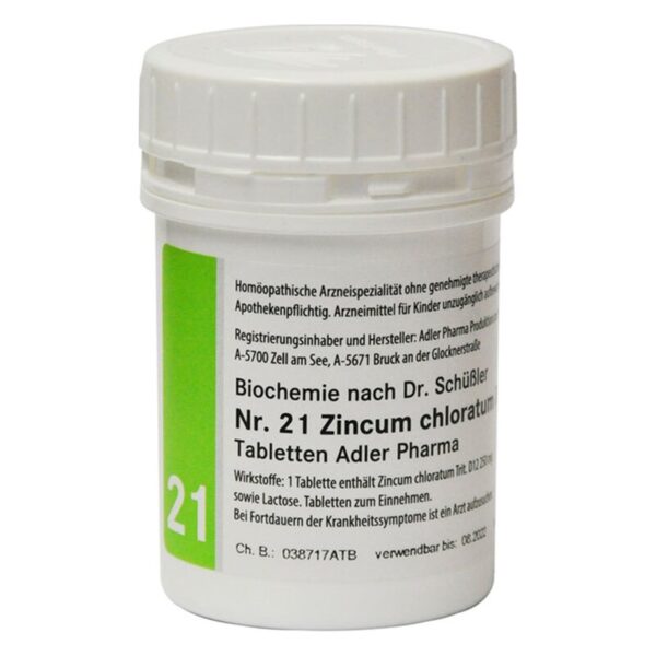 Weißer Plastiktubus mit grünem Etikett, enthält homöopathische Tabletten mit Zincium chloratum.