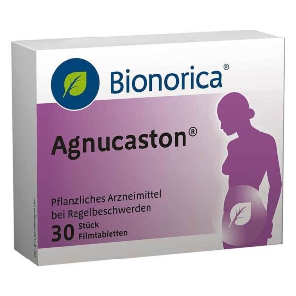 Verpackung von Bionorica Agnucaston, einem pflanzlichen Arzneimittel zur Linderung von Regelbeschwerden, in lila Design.