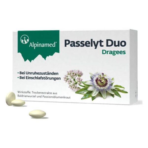 Packung Passelyt Duo Dragees mit Abbildung von Baldrian und Passionsblume, wirkt gegen Unruhe und Schlafstörungen.