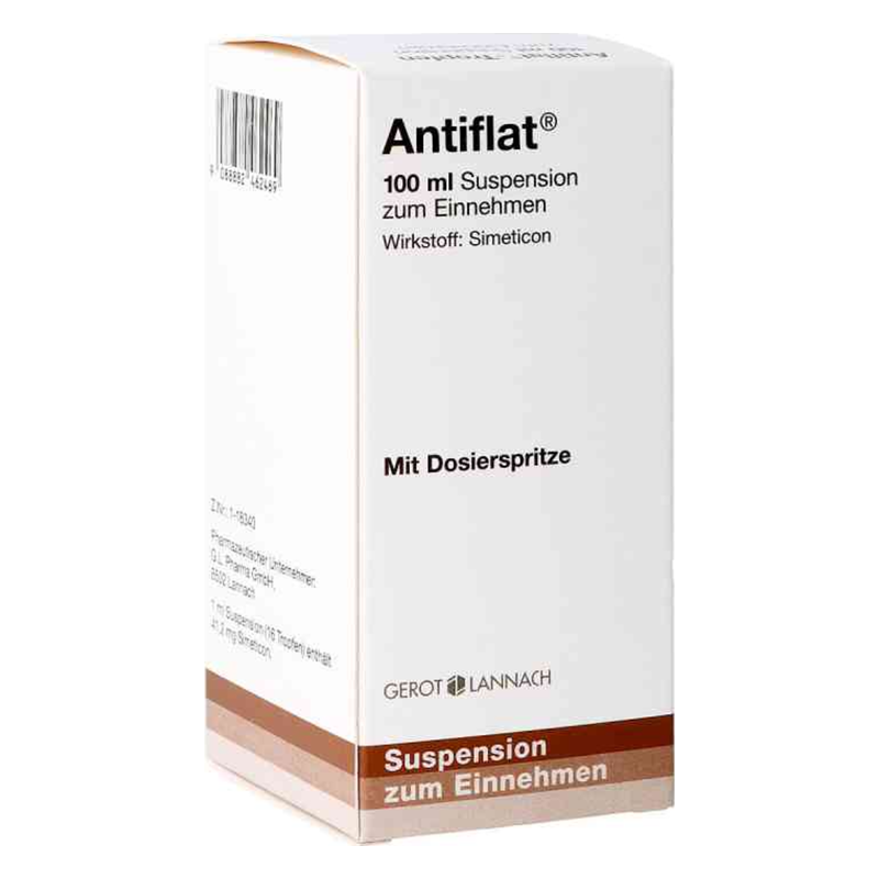 Verpackung einer 100 ml Suspension zum Einnehmen mit dem Wirkstoff Simeticon und Dosierspritze.