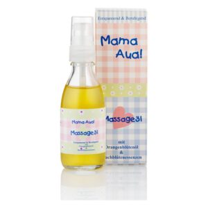 Flasche mit Massageöl in gelber Farbe und Verpackung mit buntem Karomuster und Aufschrift 'Mama Aua!'