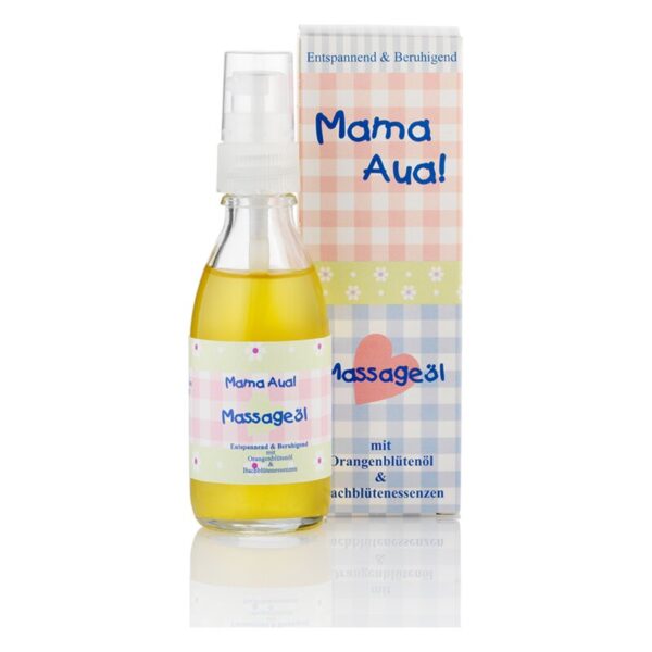 Flasche mit Massageöl in gelber Farbe und Verpackung mit buntem Karomuster und Aufschrift 'Mama Aua!'