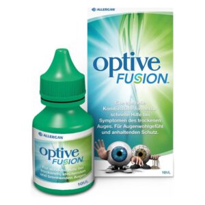 Augentropfenflasche mit grünem Deckel und Verpackung, die Informationen zu Anwendung gegen trockene Augen bietet.