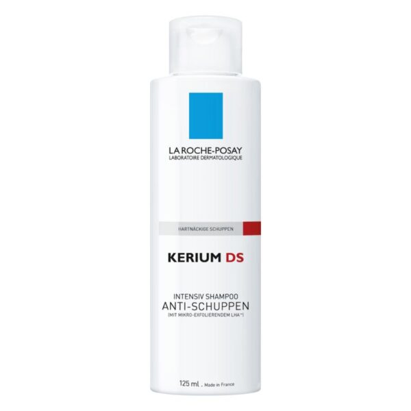 Weiße Flasche mit blauem quadratischen Logo und rotem Balken, enthält anti-schuppen Shampoo von La Roche-Posay.