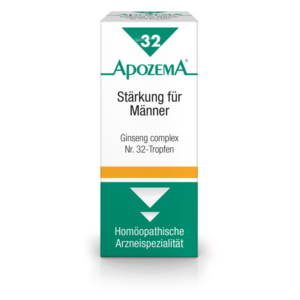 Verpackung von ApoZema Nr. 32-Tropfen für Männer mit Ginseng-Complex, in einem weißen und grünen Design.