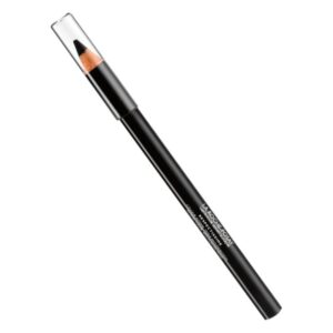 Schwarzer Lippenstift in einem zylindrischen Behälter mit transparenter Kappe und farblich passendem Innenstift.