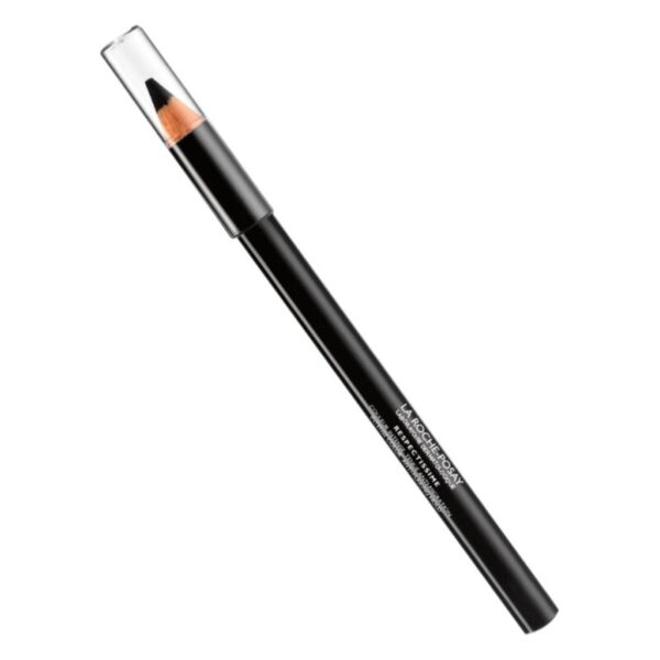 Schwarzer Lippenstift in einem zylindrischen Behälter mit transparenter Kappe und farblich passendem Innenstift.