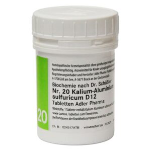 Weißer Kunststoffbehälter mit grünem Etikett, enthält homöopathische Tabletten Nr. 20 Kalium-Aluminium sulfuricum D12.