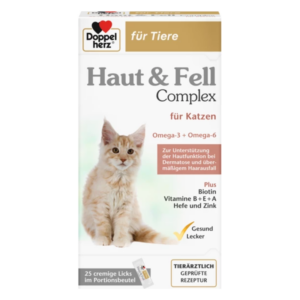 Verpackung eines Nahrungsergänzungsmittels für Katzen zur Unterstützung von Haut und Fell mit Abbildung einer Katze.