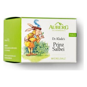 Verpackung von Dr. Klade's Prinz Salbei Wickelsalz mit einer illustration eines Prinzen und Salbeipflanzen.