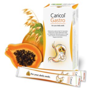 Verpackung des diätetischen Lebensmittels Caricol Gastro mit Papaya, Hafer und Sachets im Vordergrund.