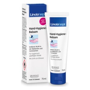Hand-Hygiene-Balsam in einer weißen Tube mit blauer Kappe, Verpackung beschreibt antibakterielle Wirkung und Inhaltsstoff Ethanol.