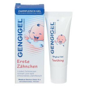 Zahnfleisch-Gel mit blauer Verpackung für Babys, lindert Zahnungsschmerzen und heilt entzündetes Zahnfleisch.
