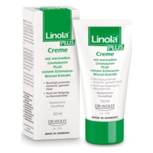 Linola PLUS Creme in einer weiß-grünen Tube, unterstützt die Hautpflege bei Neurodermitis und trockener Haut.