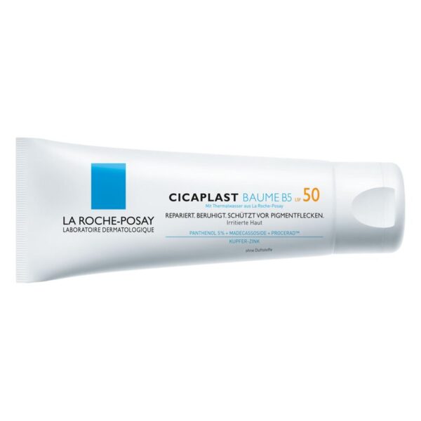 Röhre mit Cicaplast Baume B5 von La Roche-Posay, schützt und beruhigt irritierte Haut, mit LSF 50.