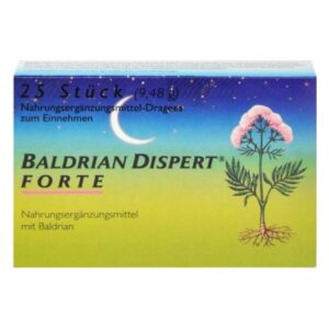 Verpackung von Baldrian Dispert Forte, einer Nahrungsergänzung mit Baldrian, dargestellt mit nächtlichem Himmel und растение.