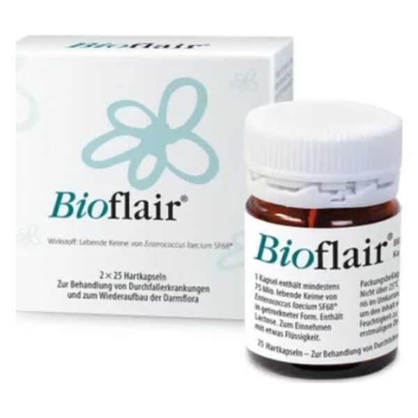 Verpackung von Bioflair mit Hartkapseln zur Behandlung von Durchfallerkrankungen und zur Wiederherstellung der Darmflora.