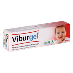 Verpackung von Viburgel, einem zahnschmerzlindernem Gel für Babys mit Bildern von Pflanzen und einem lachenden Kind.