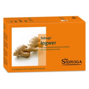 Verpackung von Sidroga Ingwer Tee mit ginger Wurzel und Beschreibung des Tees.