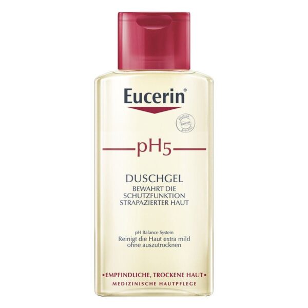Flasche mit Eucerin pH5 Duschgel, klarer Inhalt und runder, roter Verschluss, für empfindliche Haut.