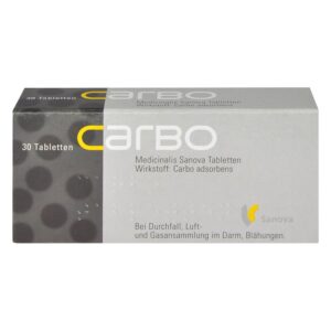 Packung Medicinalis Sanova Tabletten mit dem Wirkstoff Carbo adsorbens für Verdauungsbeschwerden.